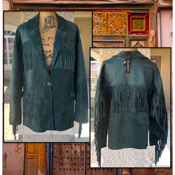 BLANK NYC Hunter Green Faux Suede Fringe Blazer Size L - Picture 5 of 10